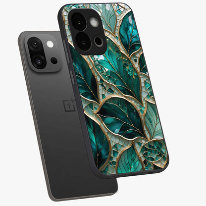 Emerald Leaf Glass Case for 1+13S angled mockup showcasing glossy finish and natural botanical tones