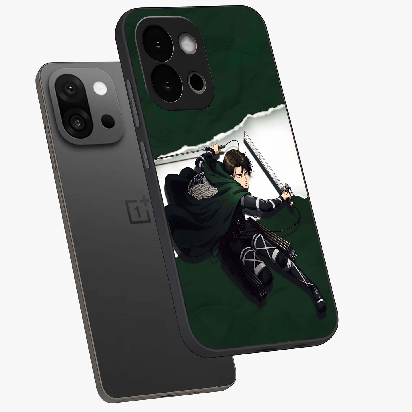 Emerald War Vanguard Glass Case for 1+13S angled mockup showcasing glossy finish and bold fantasy detailing