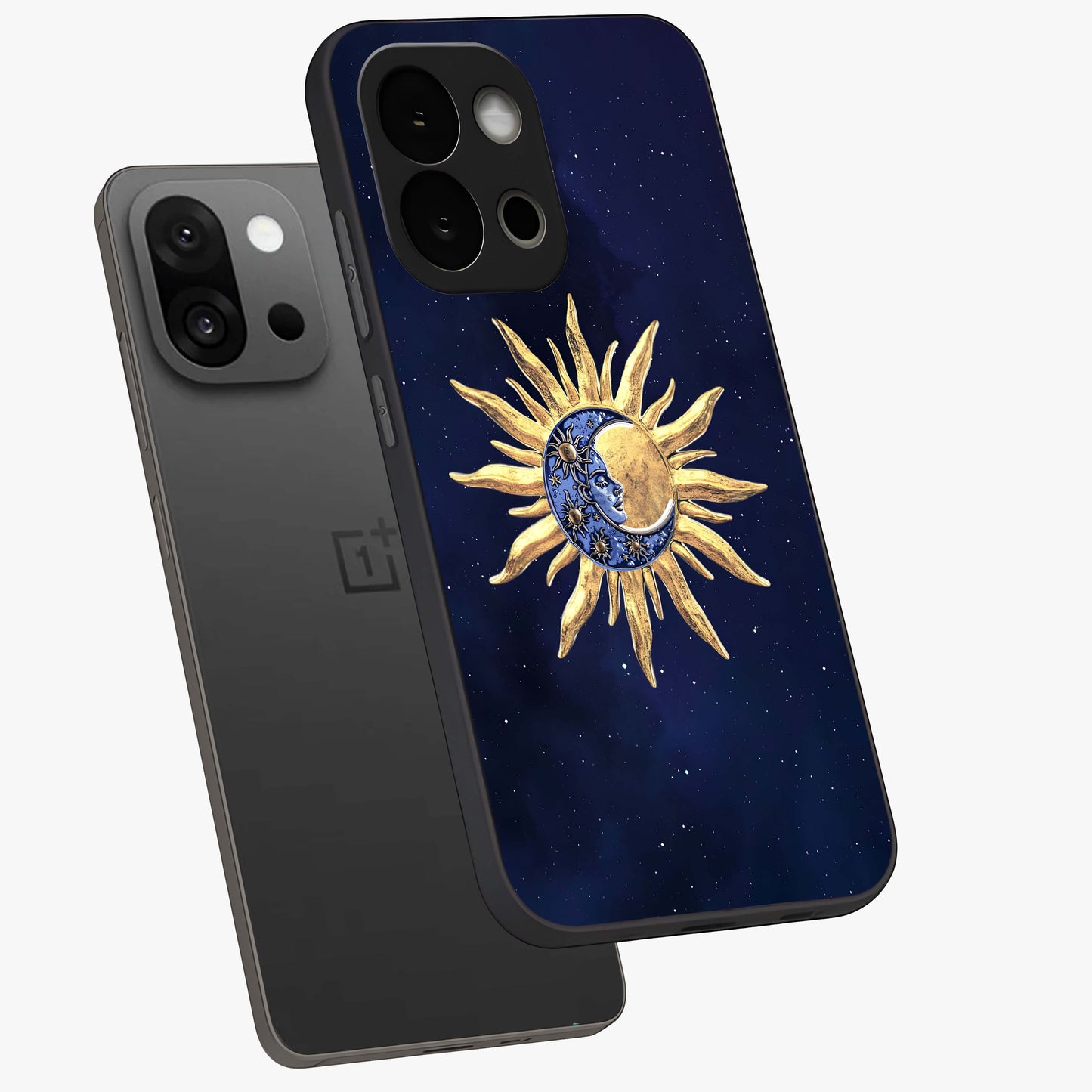 Eternal Cosmic Balance Glass Case for 1+13S angled mockup showcasing glossy finish and celestial gradient tones