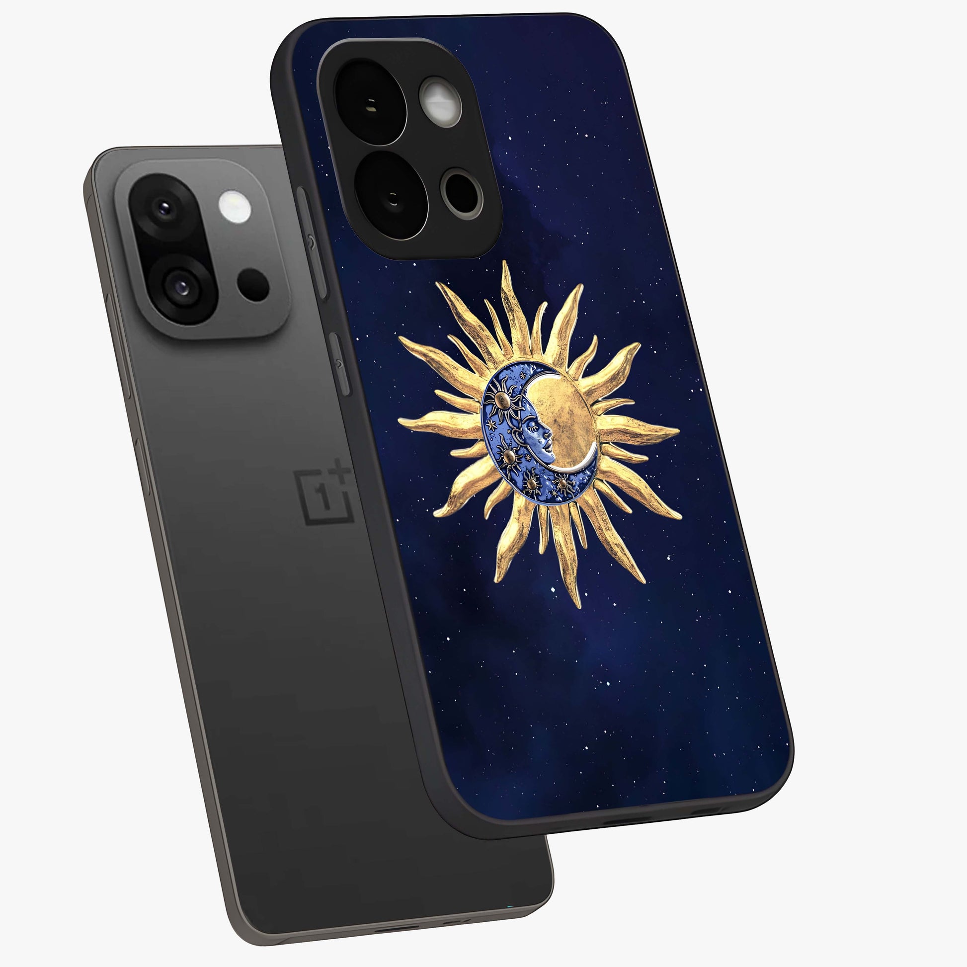 Eternal Cosmic Balance Glass Case for 1+13S angled mockup showcasing glossy finish and celestial gradient tones