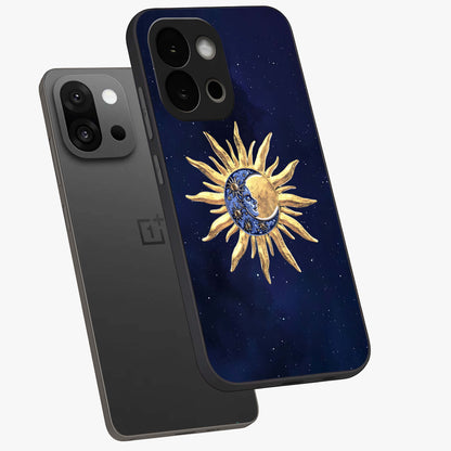 Eternal Cosmic Balance Glass Case for 1+13S angled mockup showcasing glossy finish and celestial gradient tones