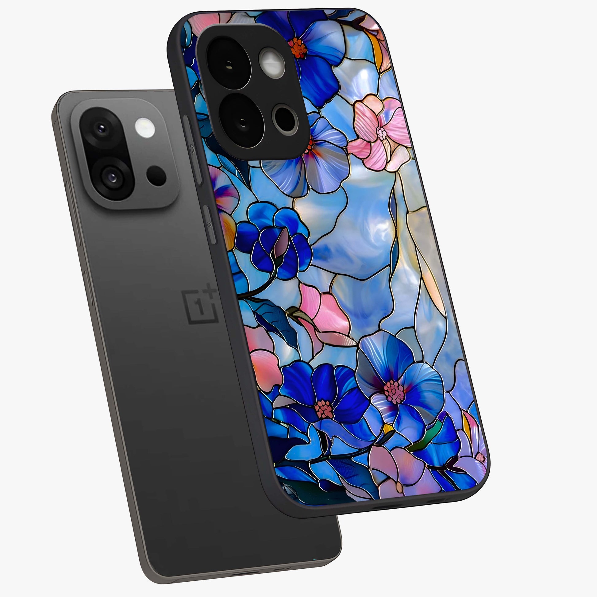 Eternal Floral Stained Glass Case for 1+13S angled mockup showcasing glossy finish and vibrant mosaic textures