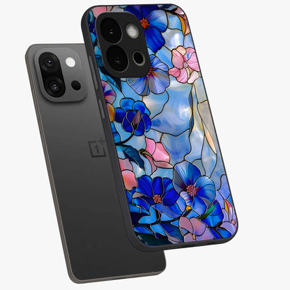 Eternal Floral Stained Glass Case for 1+13S angled mockup showcasing glossy finish and vibrant mosaic textures