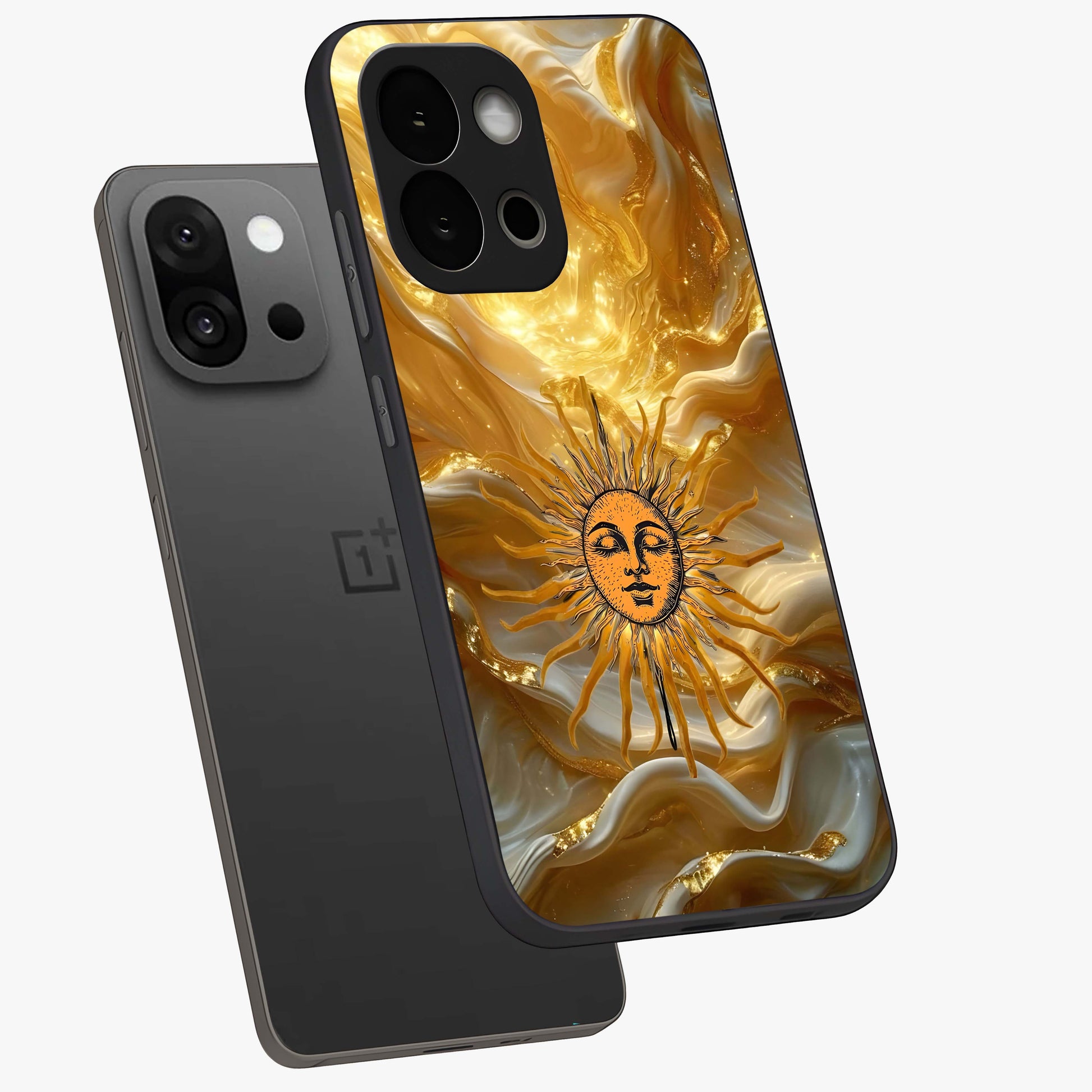 Eternal Golden Glow Glass Case for 1+13S angled mockup showcasing glossy glass finish and luminous gold tones