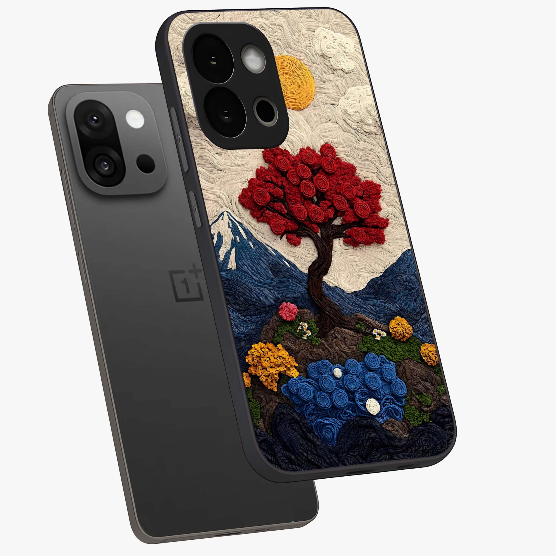 Eternal Nature Tapestry Glass Case for 1+13S angled mockup showcasing glossy finish and detailed botanical patterns
