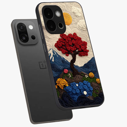 Eternal Nature Tapestry Glass Case for 1+13S angled mockup showcasing glossy finish and detailed botanical patterns