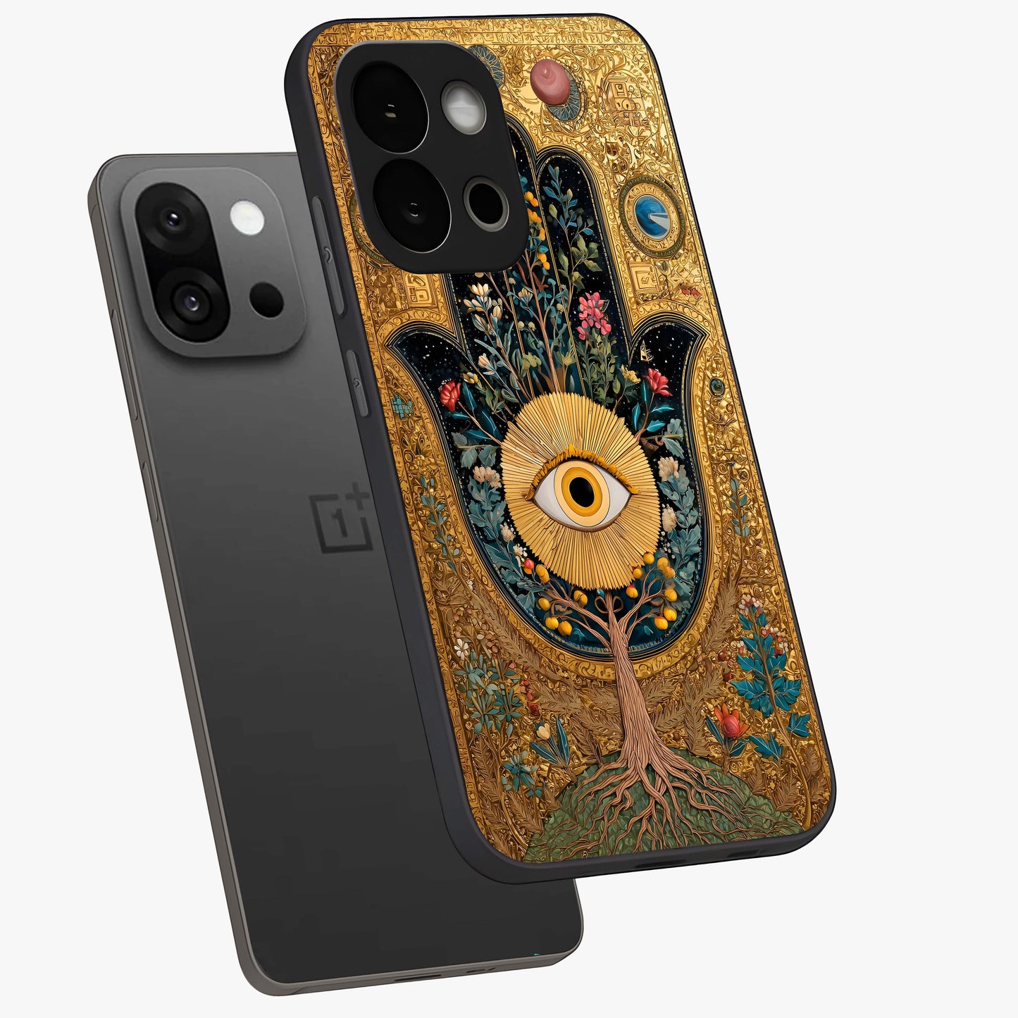 Ethereal Evil Eye Glass Case for 1+13S angled mockup showcasing glossy finish and celestial blue tones