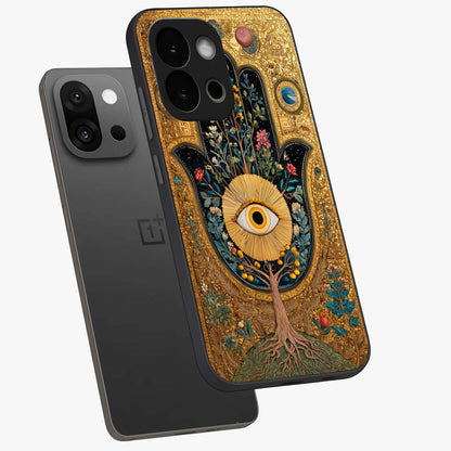 Ethereal Evil Eye Glass Case for 1+13S angled mockup showcasing glossy finish and celestial blue tones