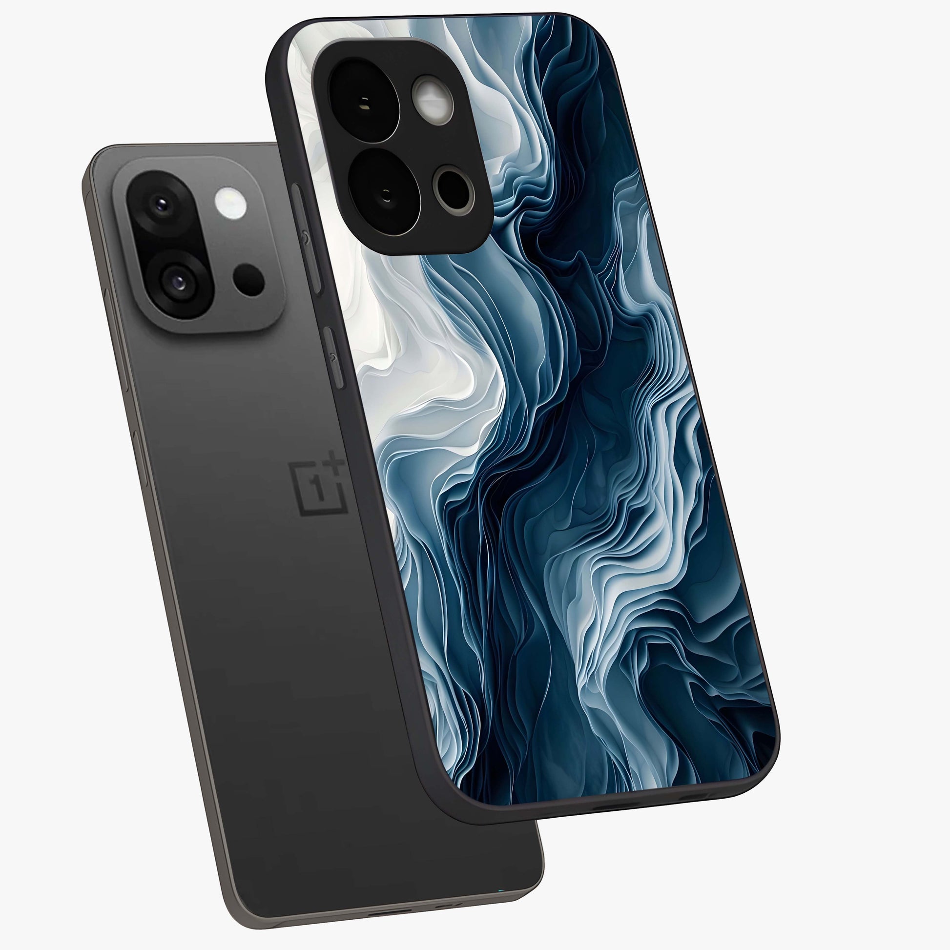 Ethereal Paper Marble Glass Case for 1+13S angled mockup showcasing glossy finish and soft blended textures