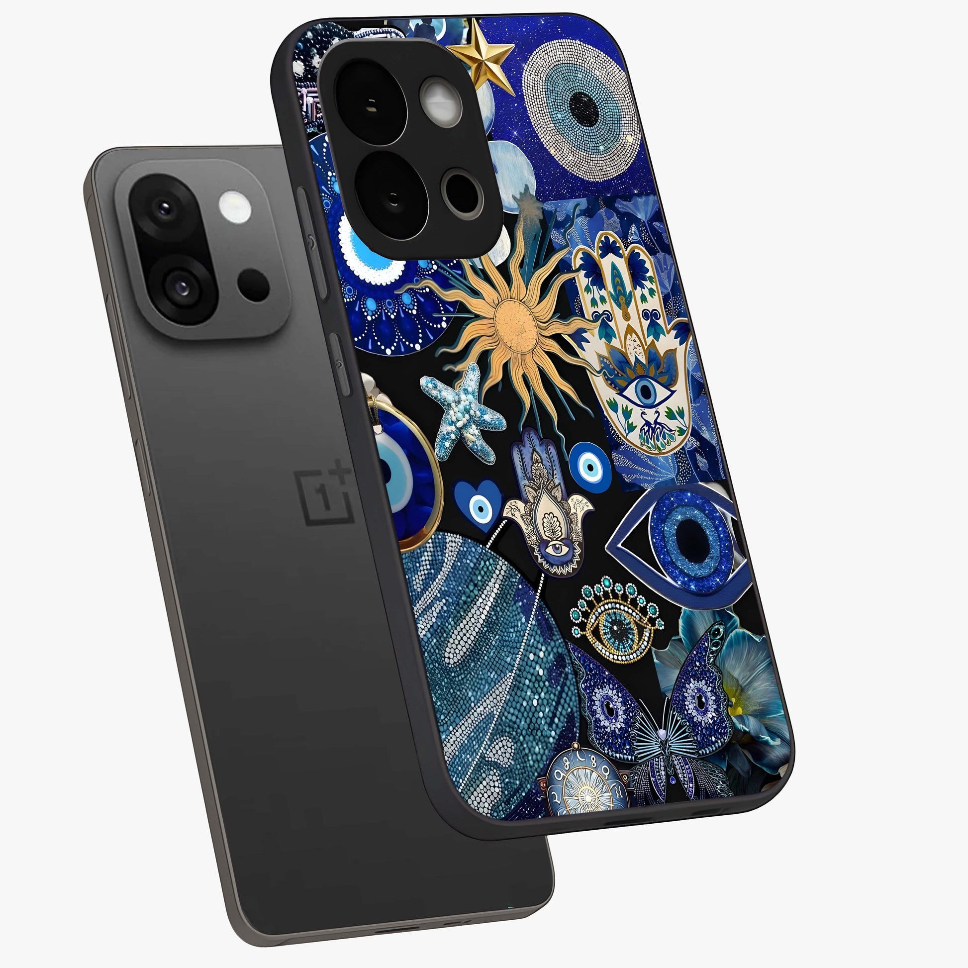 Evil Eye Charm Mix Glass Case for 1+13S angled mockup showcasing glossy finish and bold blue tones