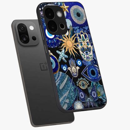 Evil Eye Charm Mix Glass Case for 1+13S angled mockup showcasing glossy finish and bold blue tones