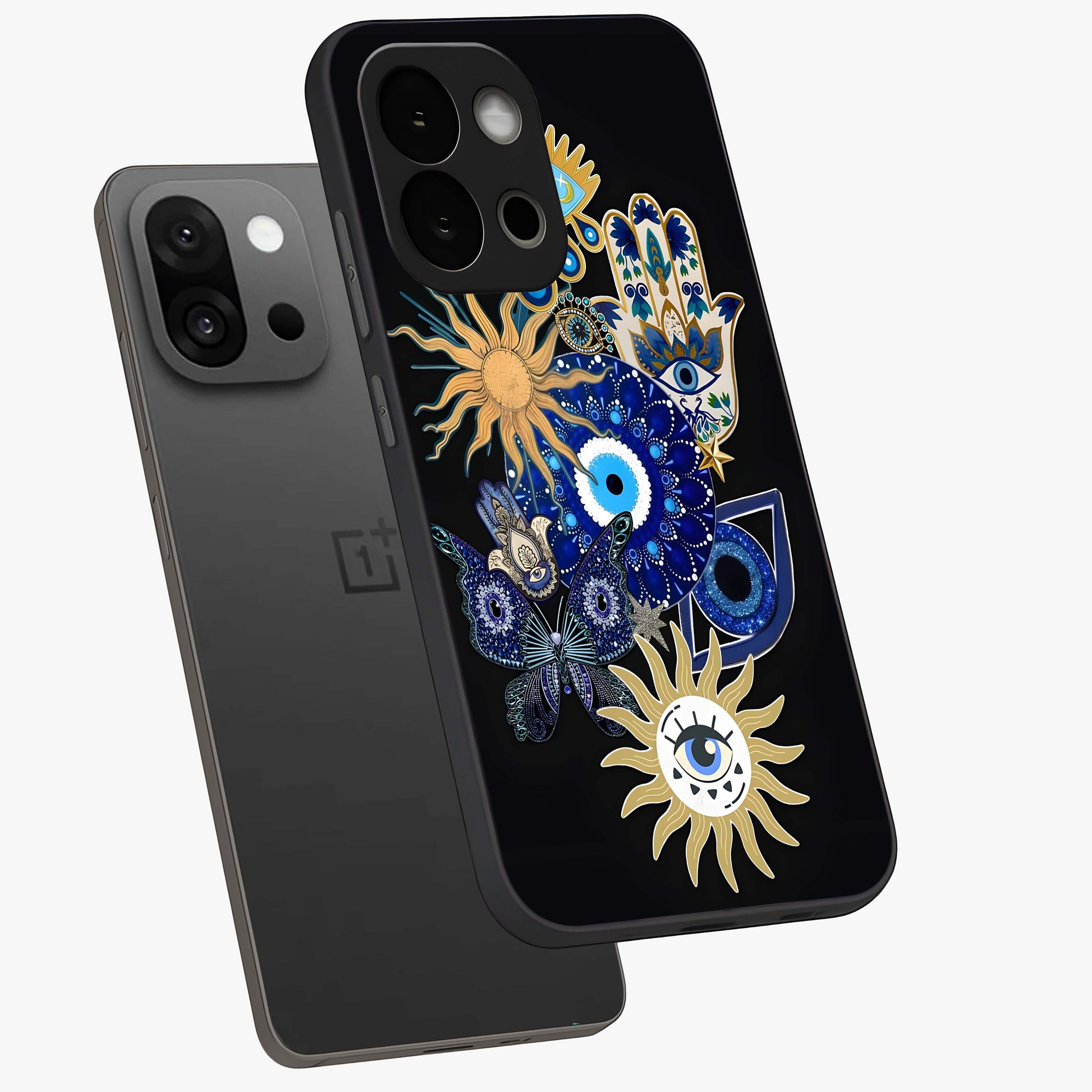 Evil Eye Charm Vibes Glass Case for 1+13S angled mockup showcasing glossy finish and protective symbol detailing