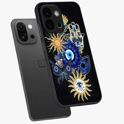 Evil Eye Charm Vibes Glass Case for 1+13S angled mockup showcasing glossy finish and protective symbol detailing