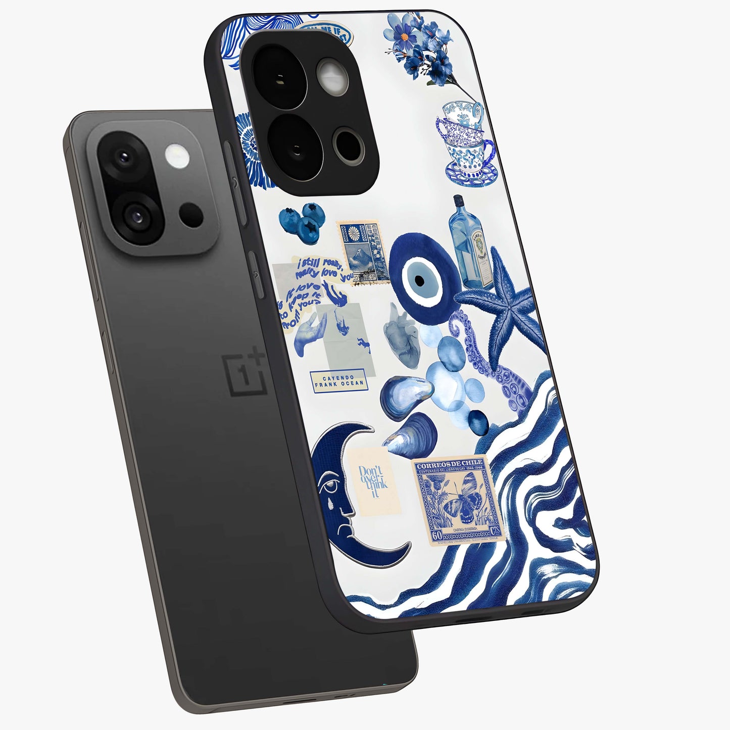 Evil Eyes Dark Blue Glass Case for 1+13S angled mockup showcasing glossy finish and rich navy tones