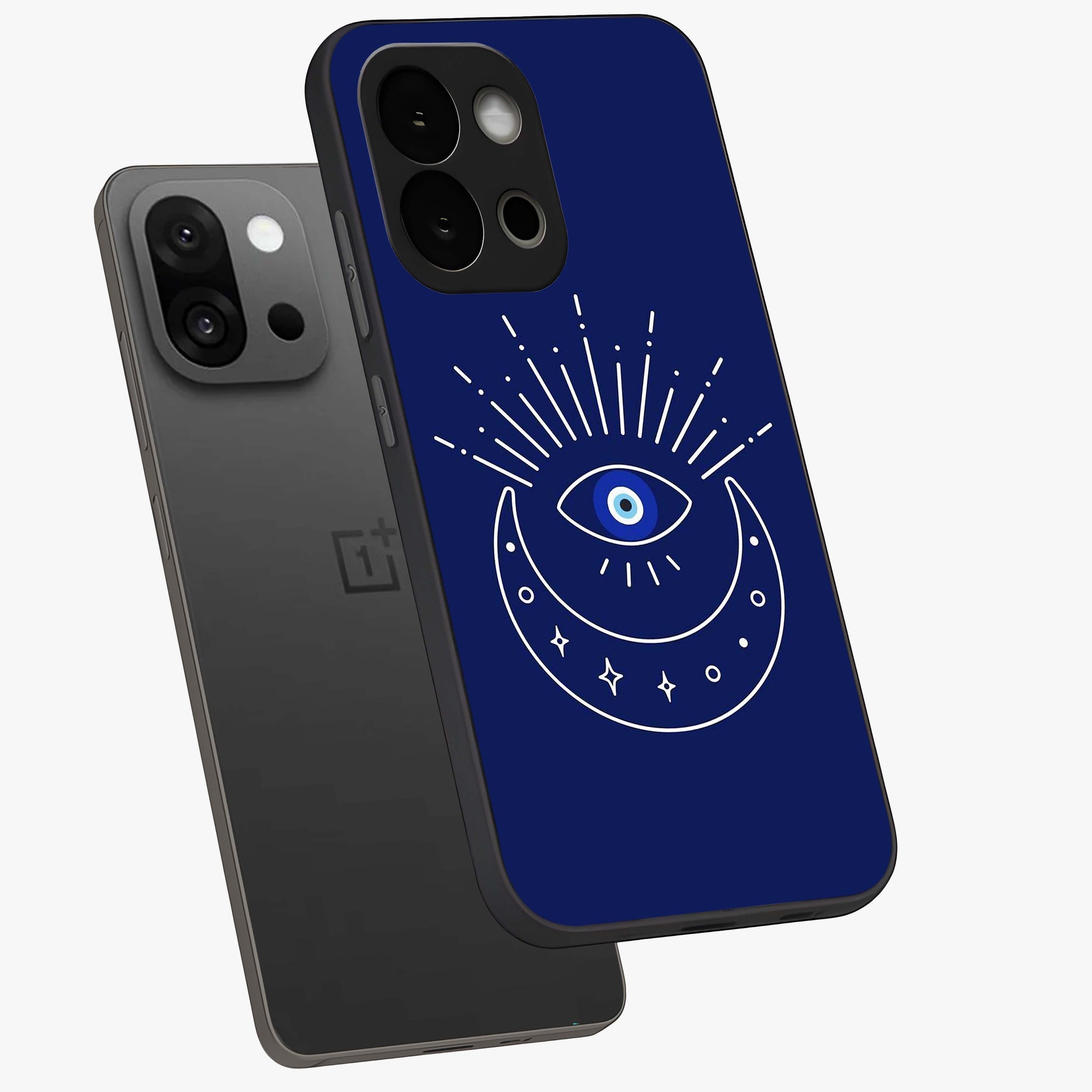 Evil Eye With Blue Themed Collage Glass Case for 1+13S angled mockup showcasing glossy finish and layered blue textures