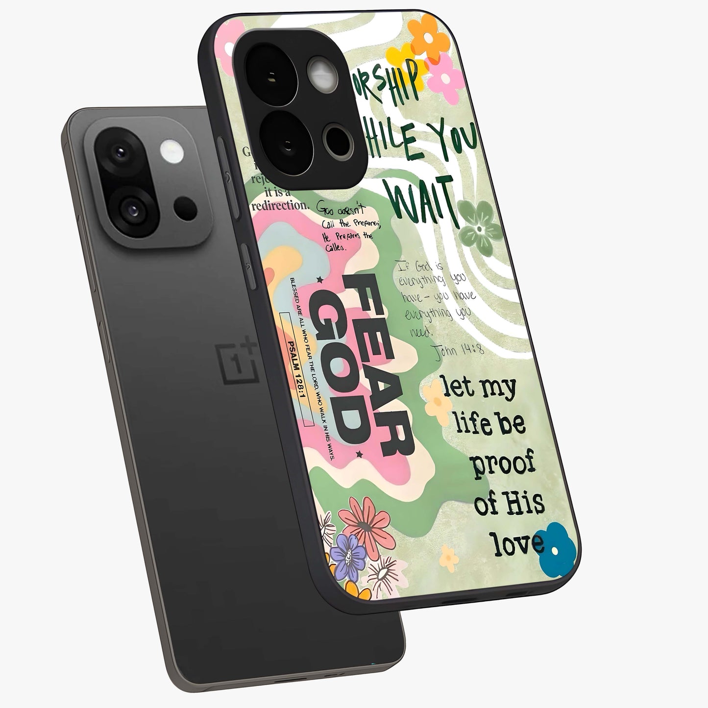 Faith Over Fear Glass Case for 1+13S angled mockup showcasing glossy finish and clean modern design