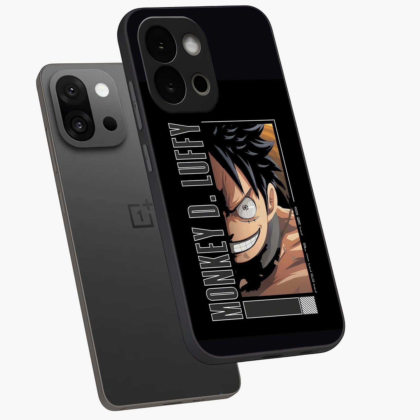 Fearless Pirate Smile Glass Case for 1+13S angled mockup showcasing glossy finish and dark adventurous tones