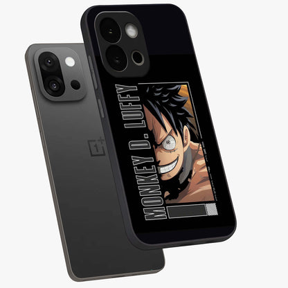 Fearless Pirate Smile Glass Case for 1+13S angled mockup showcasing glossy finish and dark adventurous tones