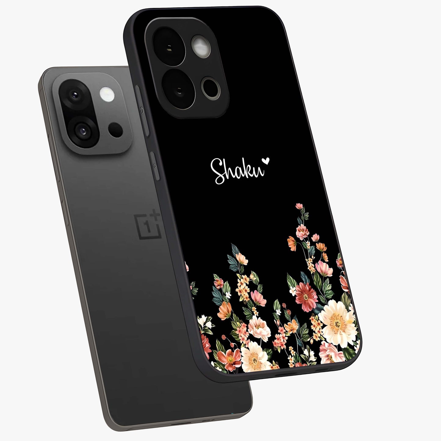 Floral Design With a Custom Personalized Name Glass Case for 1+13S angled mockup showcasing glossy finish and elegant bloom detailing