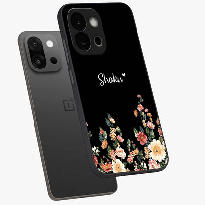 Floral Design With a Custom Personalized Name Glass Case for 1+13S angled mockup showcasing glossy finish and elegant bloom detailing