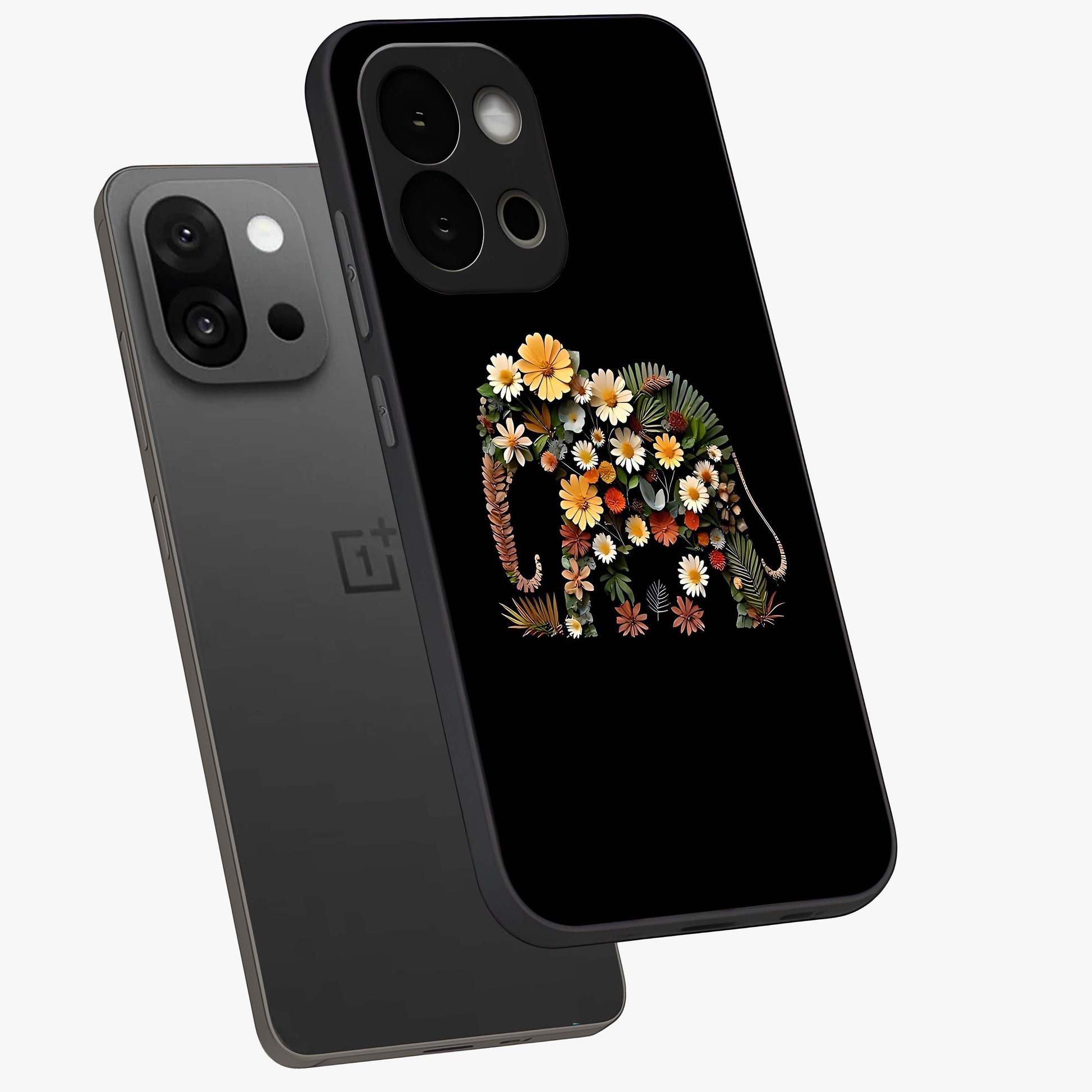 Floral Elephant Glass Case for 1+13S angled mockup showcasing glossy finish and vibrant cultural tones