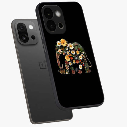 Floral Elephant Glass Case for 1+13S angled mockup showcasing glossy finish and vibrant cultural tones