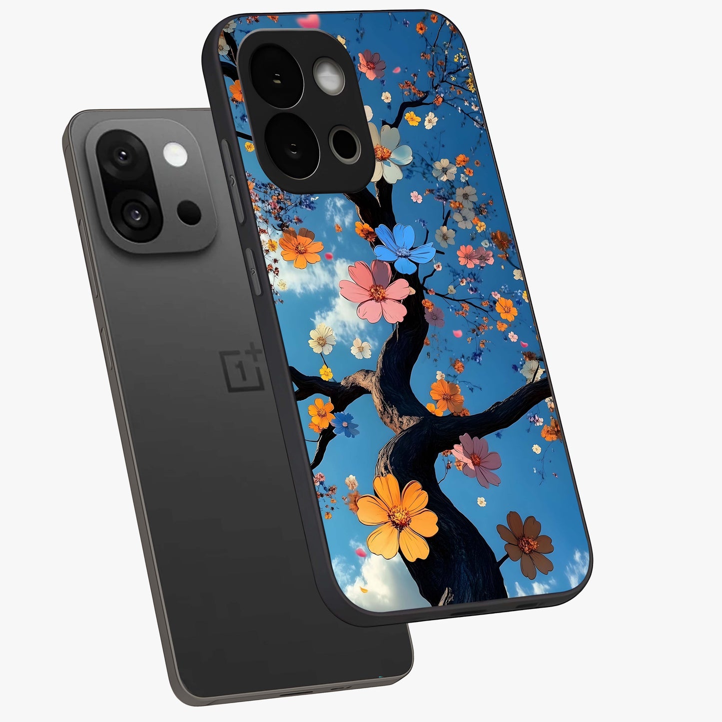 Floral Tree Glass Case for 1+13S angled mockup showcasing glossy finish and detailed branch textures