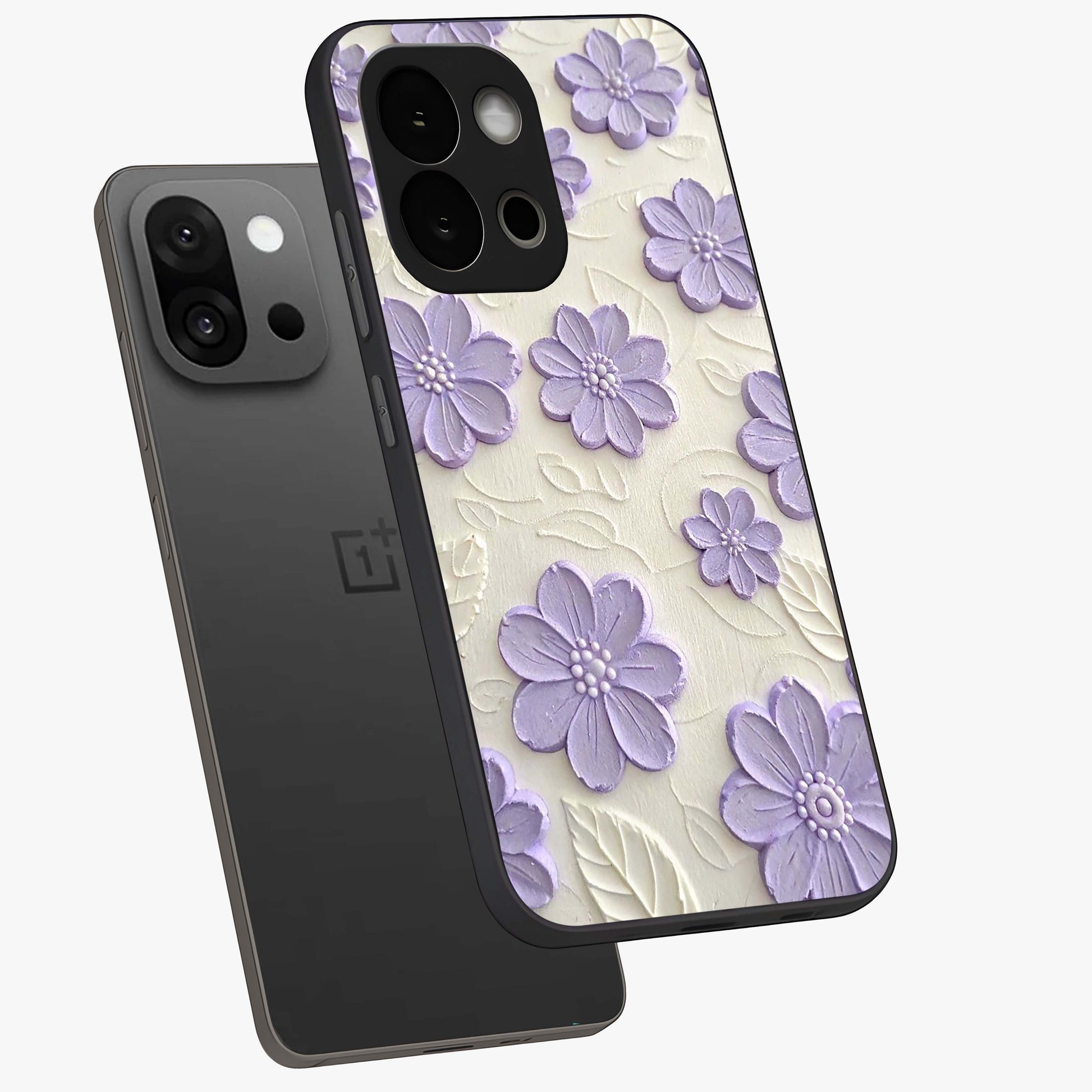 Floral Wall Art With Purple Flowers Glass Case for 1+13S angled mockup showcasing glossy finish and rich violet tones