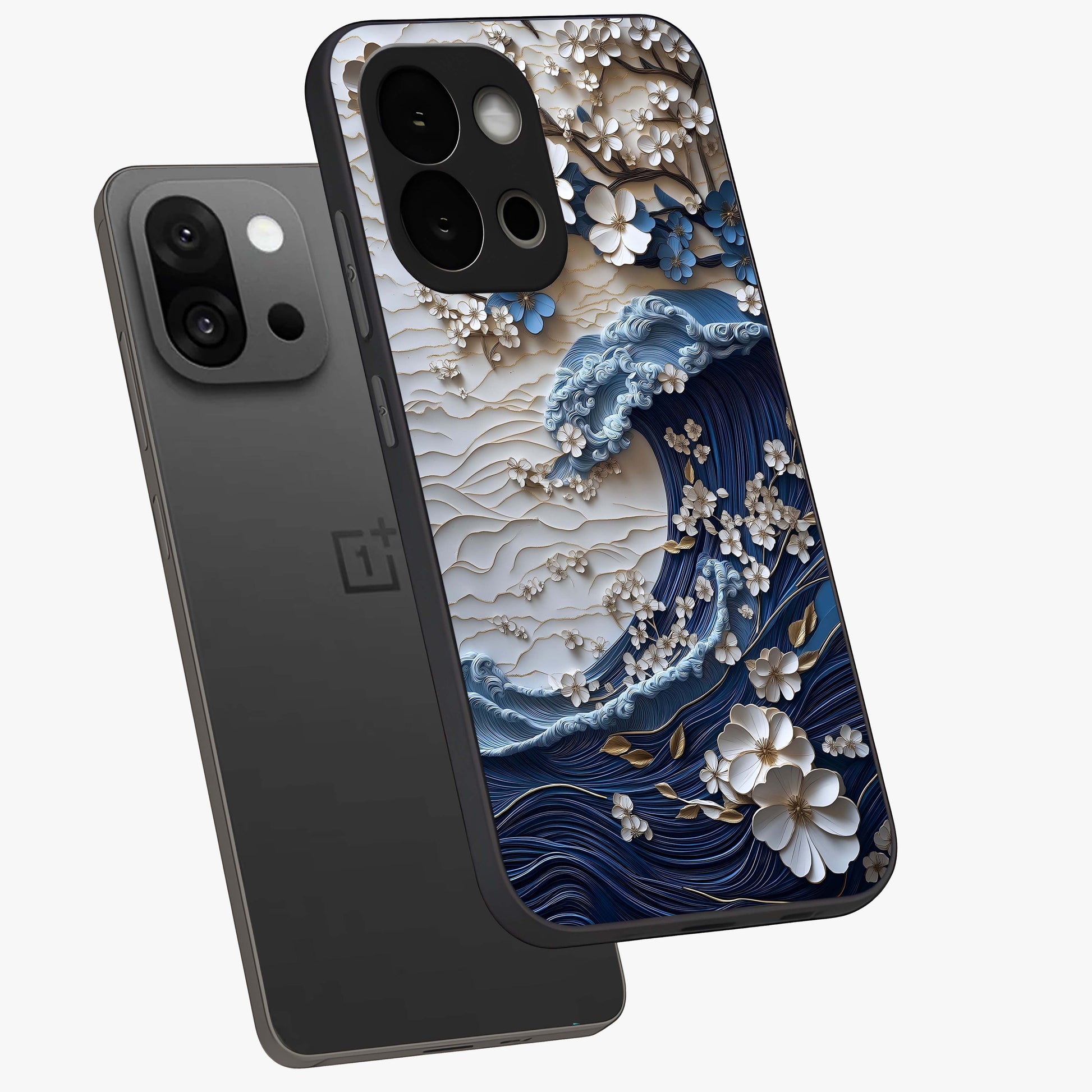 Floral Wave Origami Glass Case for 1+13S angled mockup showcasing glossy glass finish and geometric bloom detailing
