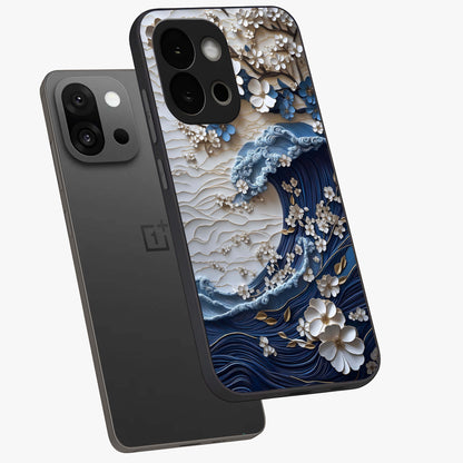 Floral Wave Origami Glass Case for 1+13S angled mockup showcasing glossy glass finish and geometric bloom detailing