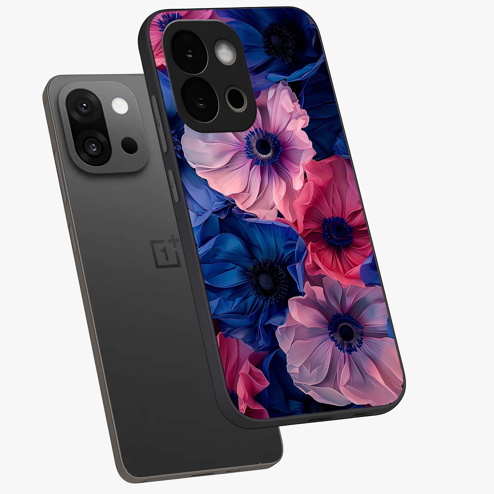 Flower Paper Art Pattern Glass Case for 1+13S angled mockup showcasing glossy finish and textured paper detailing