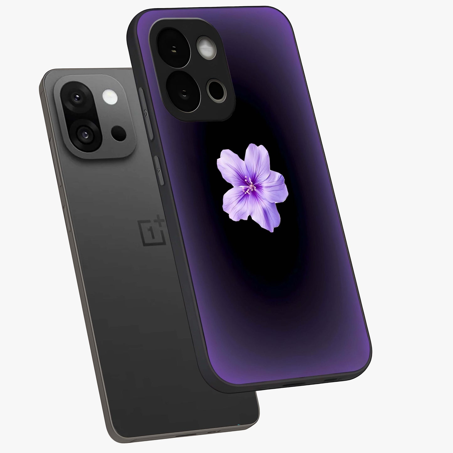 Flower on Soft Violet Gradient Glass Case for 1+13S angled mockup showcasing glossy finish and pastel purple tones