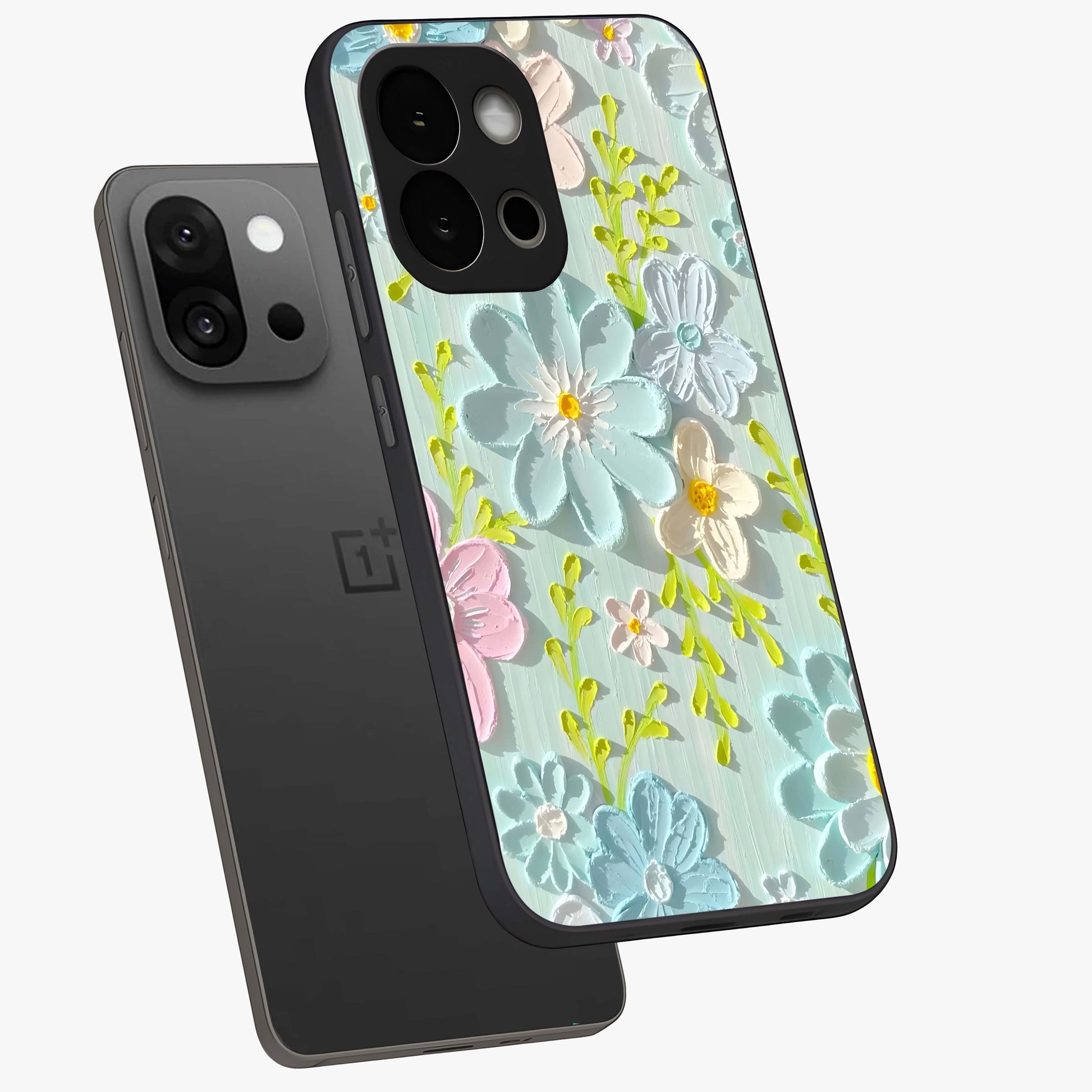 Frosted Petal Garden Glass Case for 1+13S angled mockup showcasing glossy finish and pastel bloom detailing