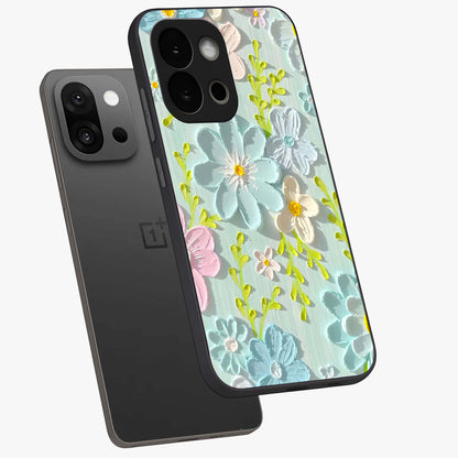 Frosted Petal Garden Glass Case for 1+13S angled mockup showcasing glossy finish and pastel bloom detailing