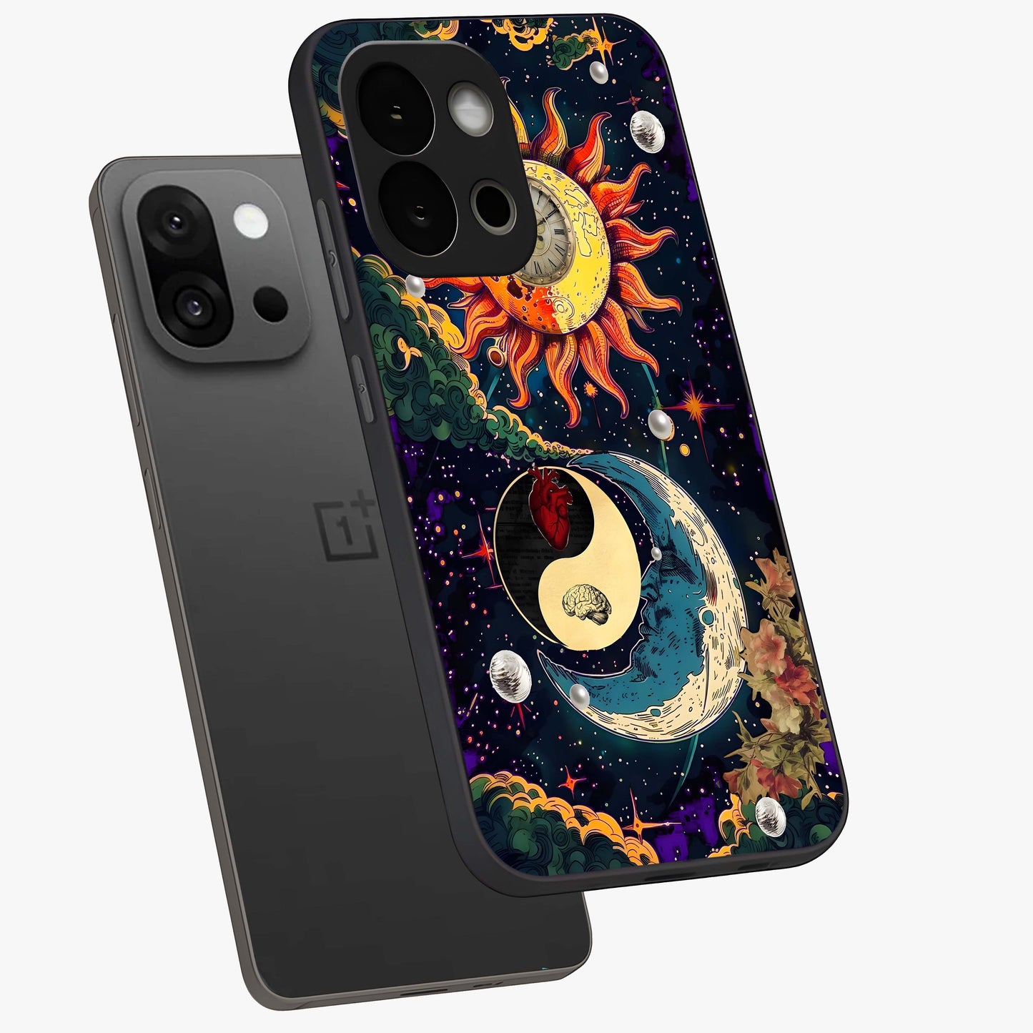 Future Universe Glass Case for 1+13S angled mockup showcasing glossy finish and vibrant space tones