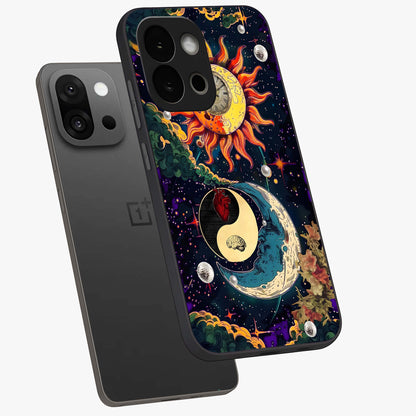 Future Universe Glass Case for 1+13S angled mockup showcasing glossy finish and vibrant space tones