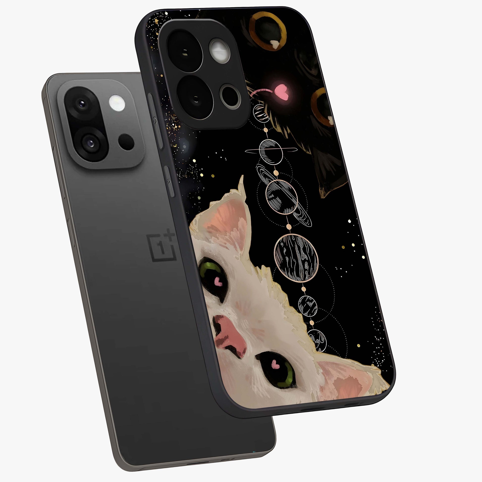 Galactic Cat Glass Case for 1+13S angled mockup showcasing glossy finish and luminous space detailing