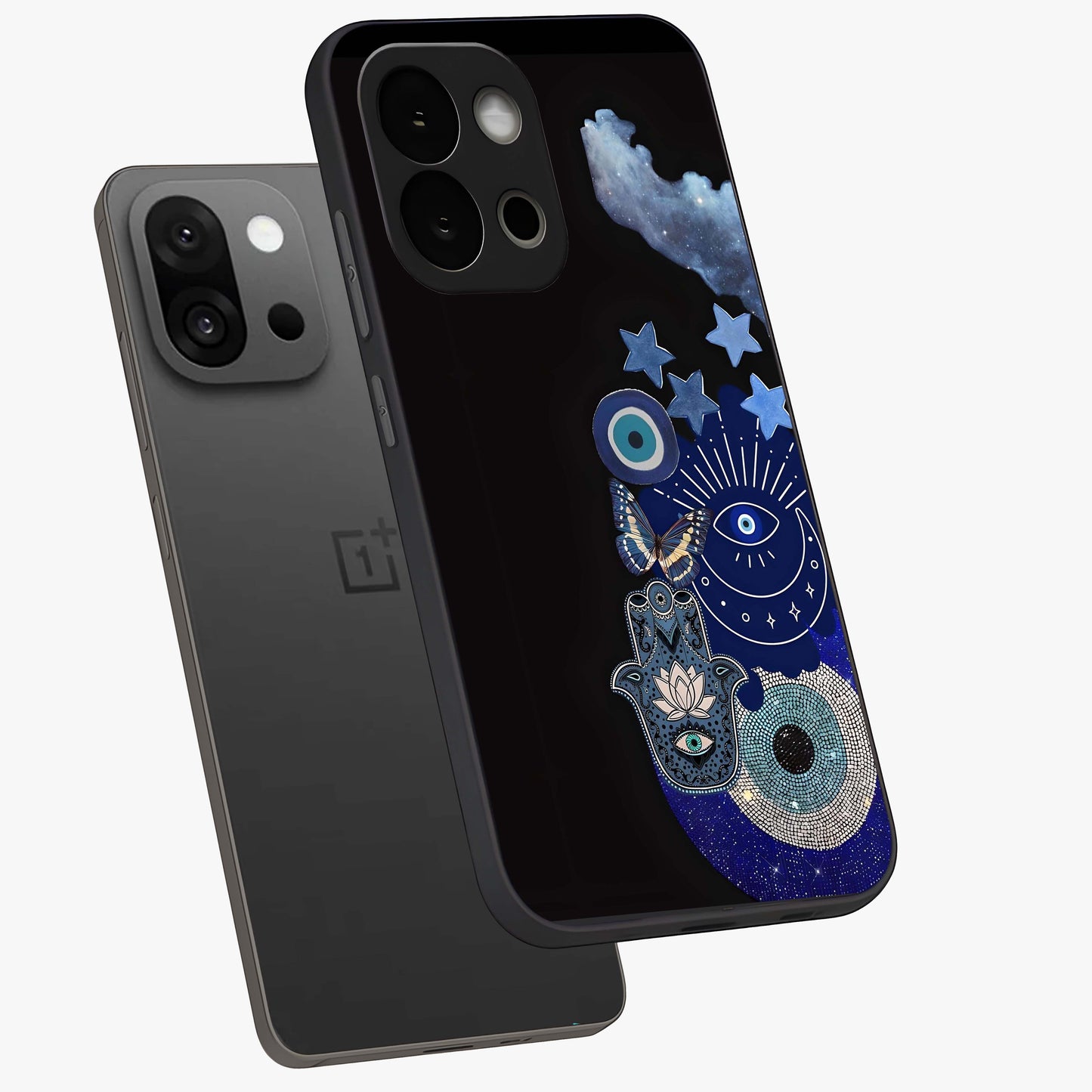 Galactic Charm Cluster Glass Case for 1+13S angled mockup showcasing glossy finish and vibrant star detailing