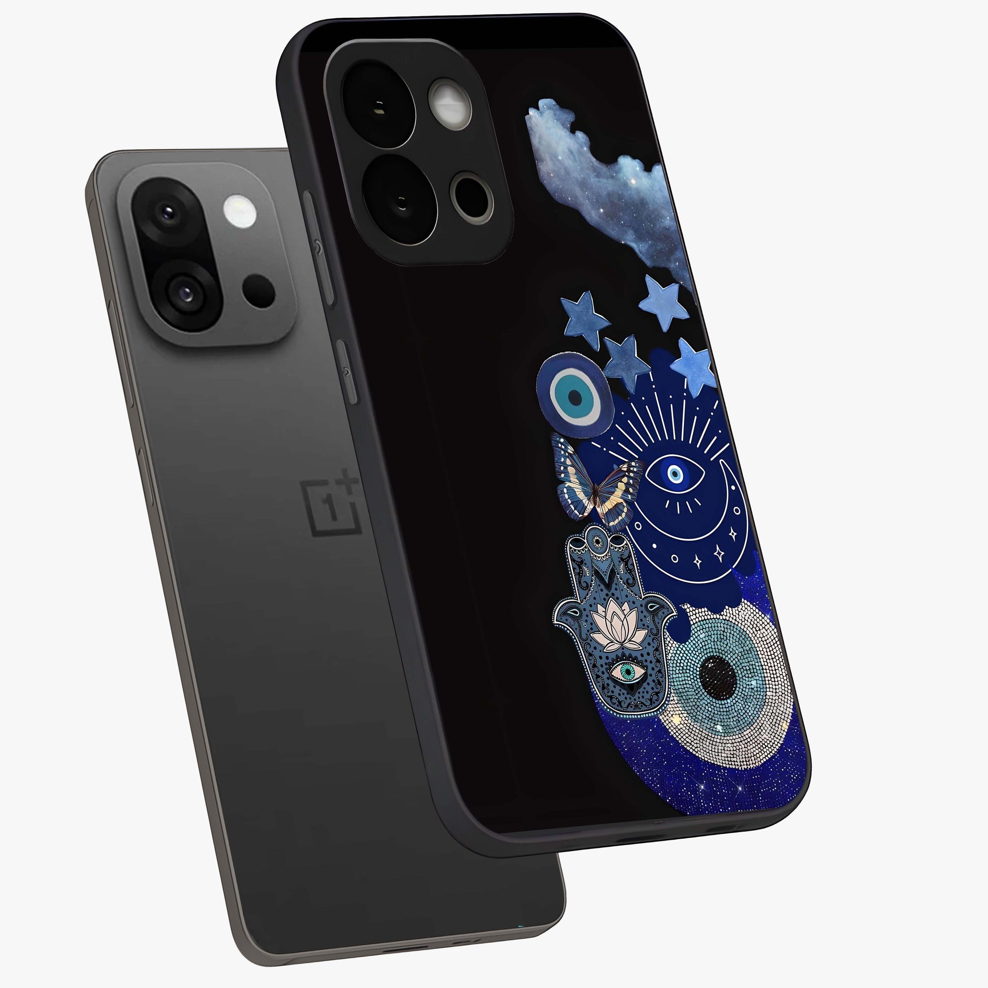 Galactic Charm Cluster Glass Case for 1+13S angled mockup showcasing glossy finish and vibrant star detailing