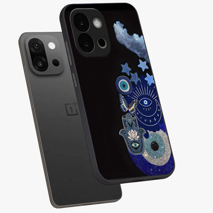 Galactic Charm Cluster Glass Case for 1+13S angled mockup showcasing glossy finish and vibrant star detailing