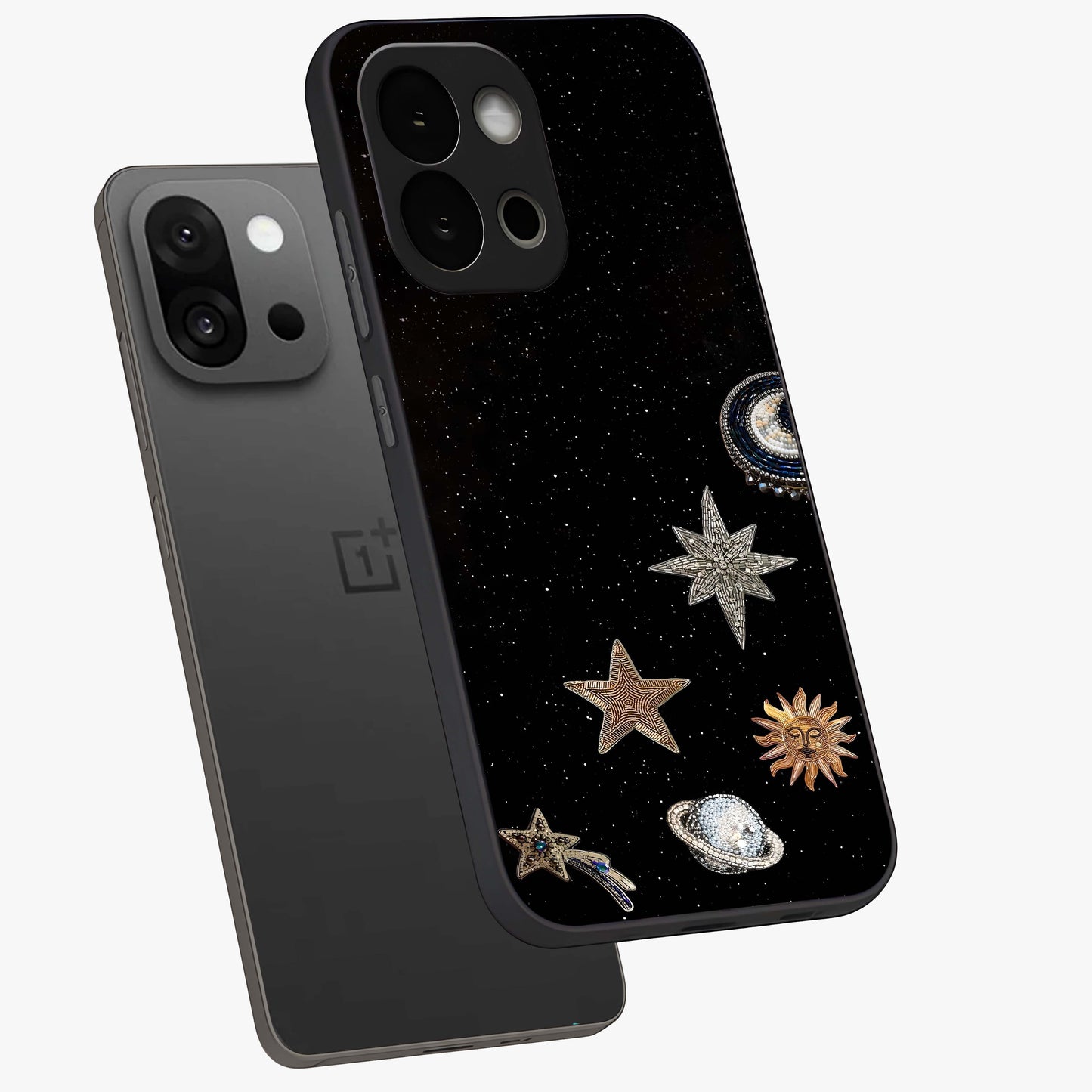 Galactic Charm Glow Glass Case for 1+13S angled mockup showcasing glossy glass finish and luminous galaxy tones
