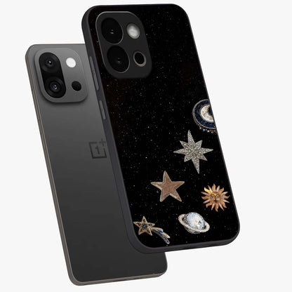 Galactic Charm Glow Glass Case for 1+13S angled mockup showcasing glossy glass finish and luminous galaxy tones