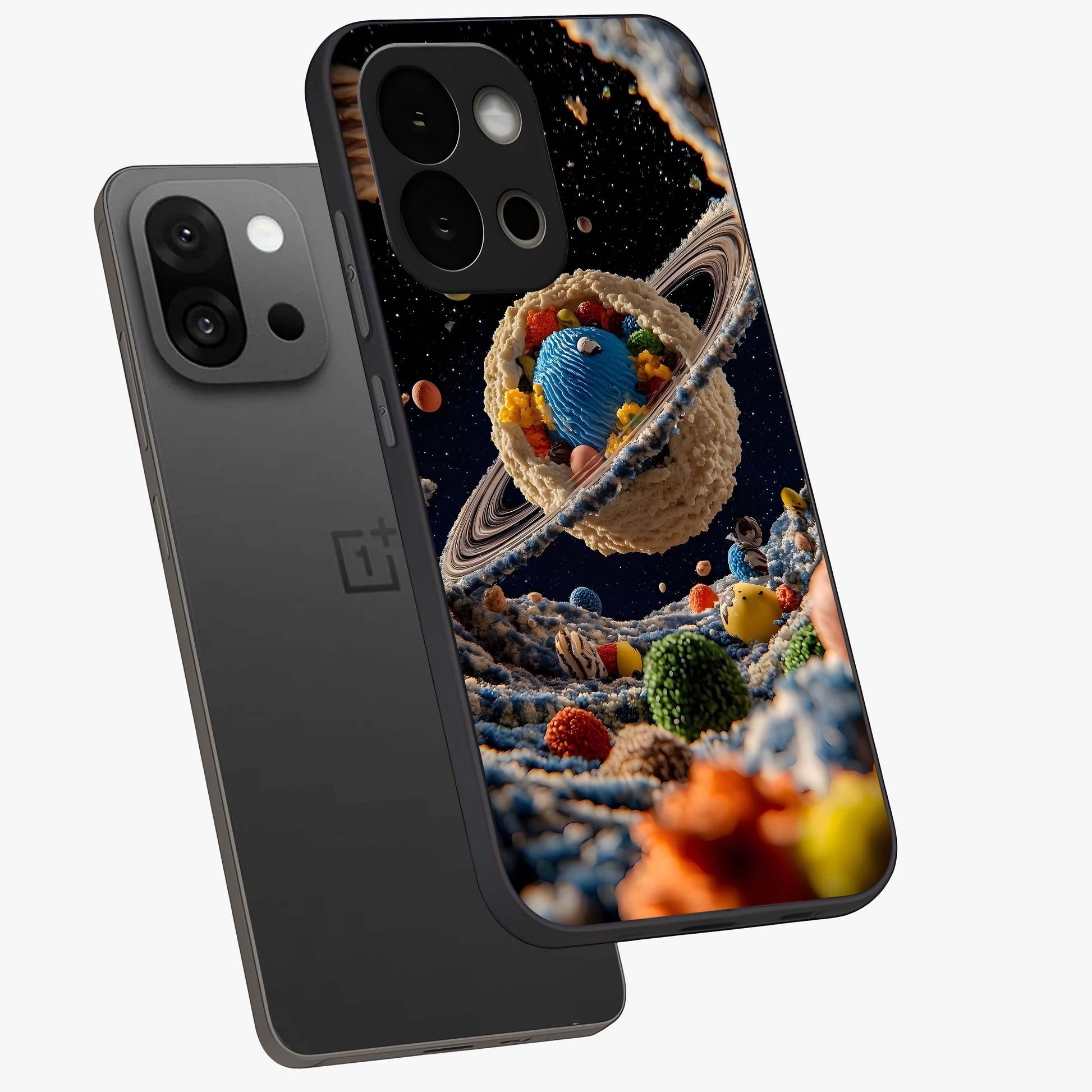 Galactic Dessert Dream Printed Glass Case for 1+13S angled mockup showcasing glossy finish and colorful galaxy tones