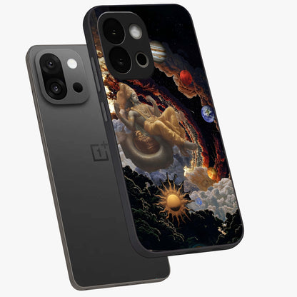 Galactic Divine God Glass Case for 1+13S angled mockup showcasing glossy finish and celestial spiritual tones