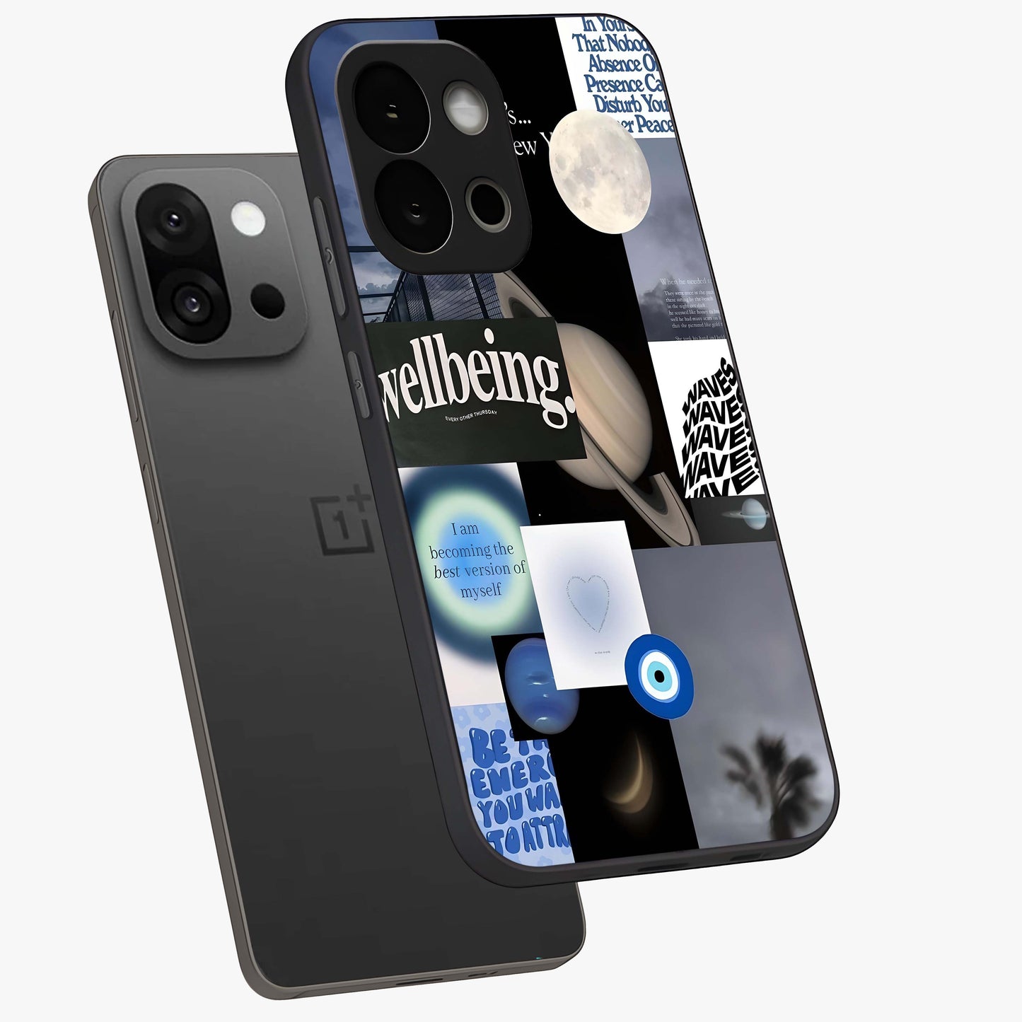Galactic Energy Collage Glass Case for 1+13S angled mockup showcasing glossy finish and vibrant space textures