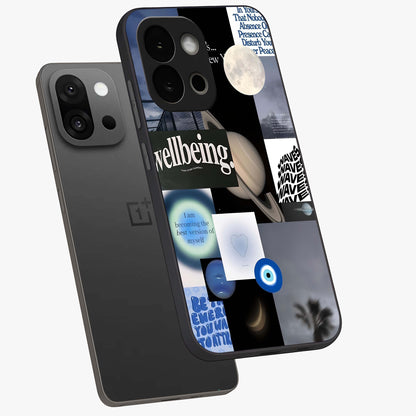 Galactic Energy Collage Glass Case for 1+13S angled mockup showcasing glossy finish and vibrant space textures