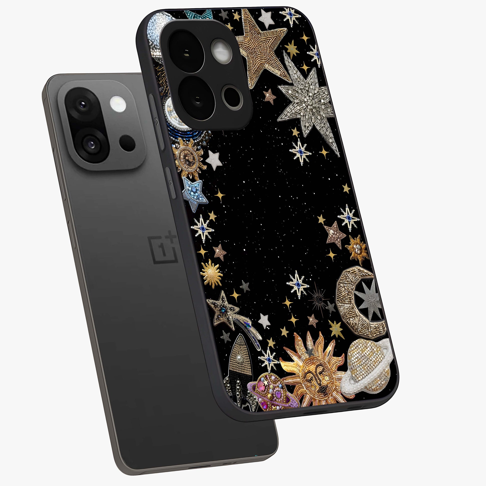Galactic Jewel Stars Glass Case for 1+13S angled mockup showcasing glossy finish and radiant cosmic tones