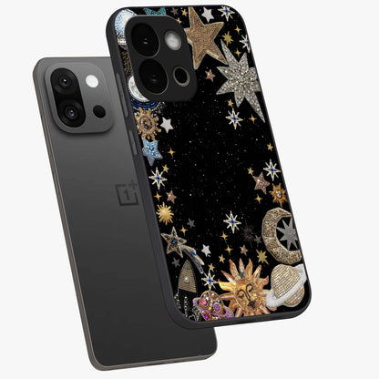 Galactic Jewel Stars Glass Case for 1+13S angled mockup showcasing glossy finish and radiant cosmic tones