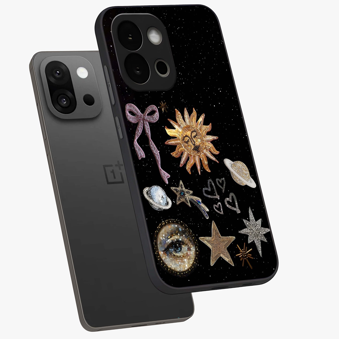 Galactic Sun Charm Glass Case for 1+13S angled mockup showcasing glossy finish and warm galaxy tones