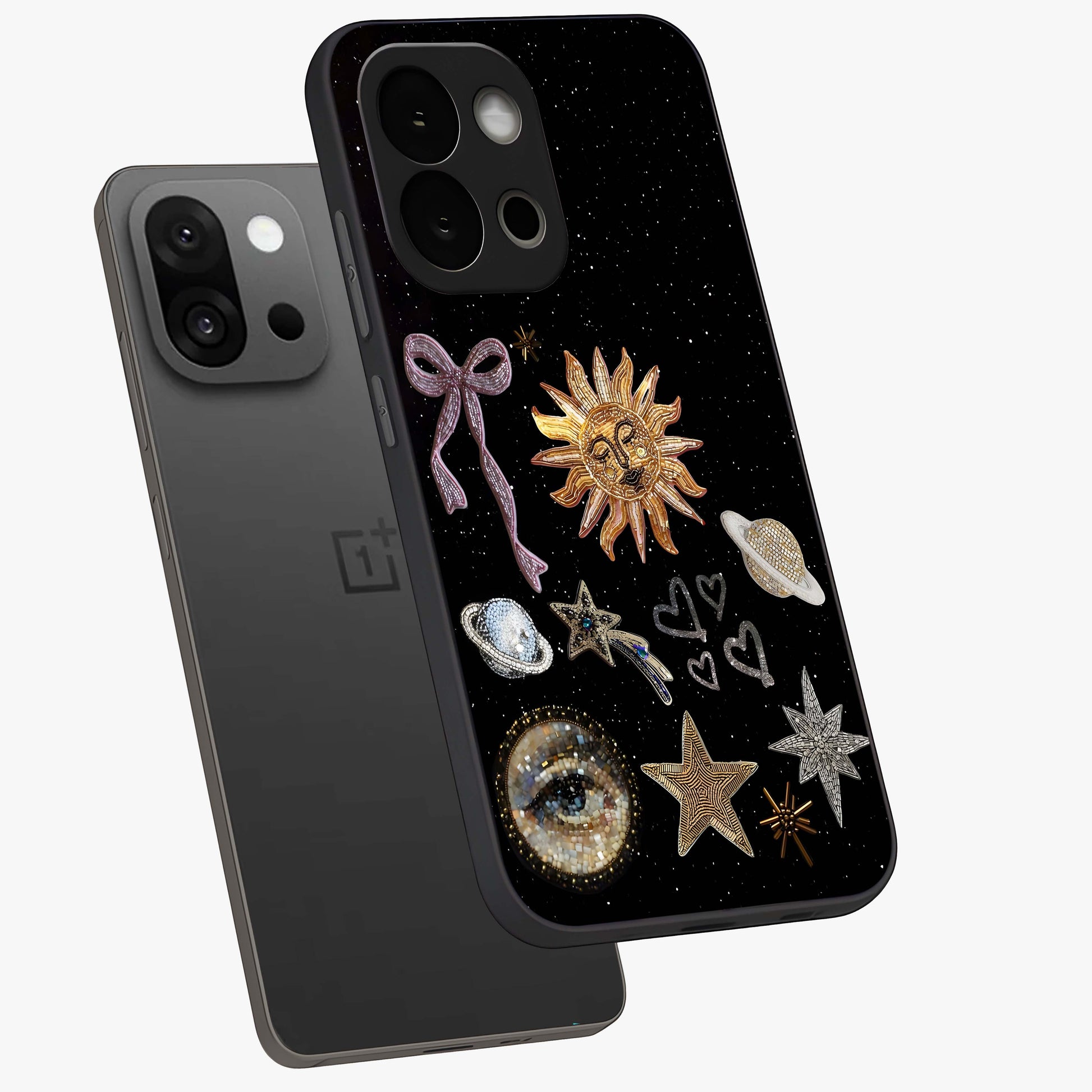 Galactic Sun Charm Glass Case for 1+13S angled mockup showcasing glossy finish and warm galaxy tones